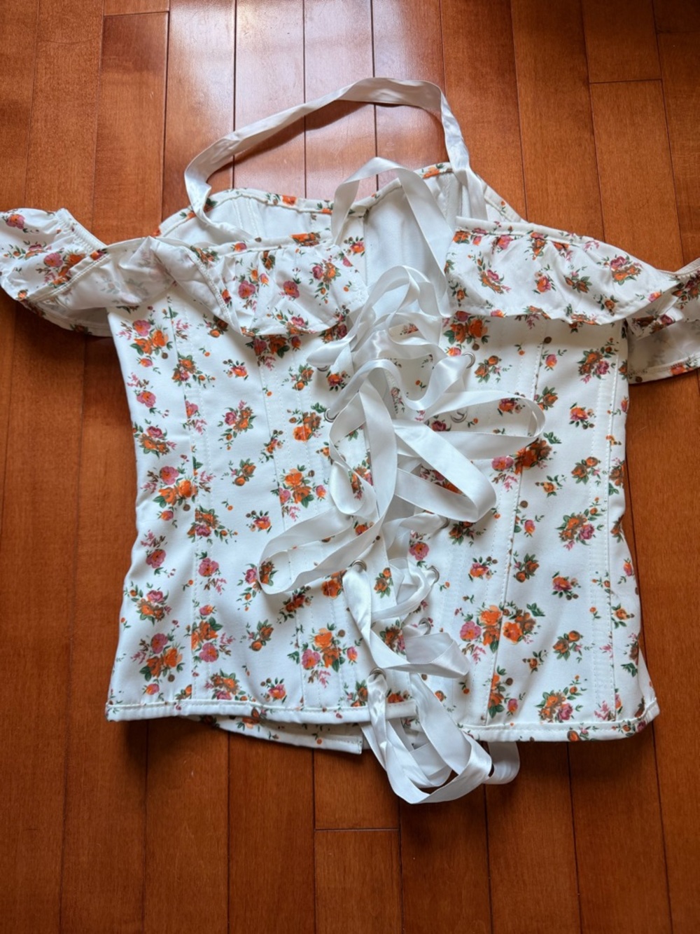 Corset story corset. Off-Shoulder Floral Corset- White with Orange Floral Print - Picture 2 of 3